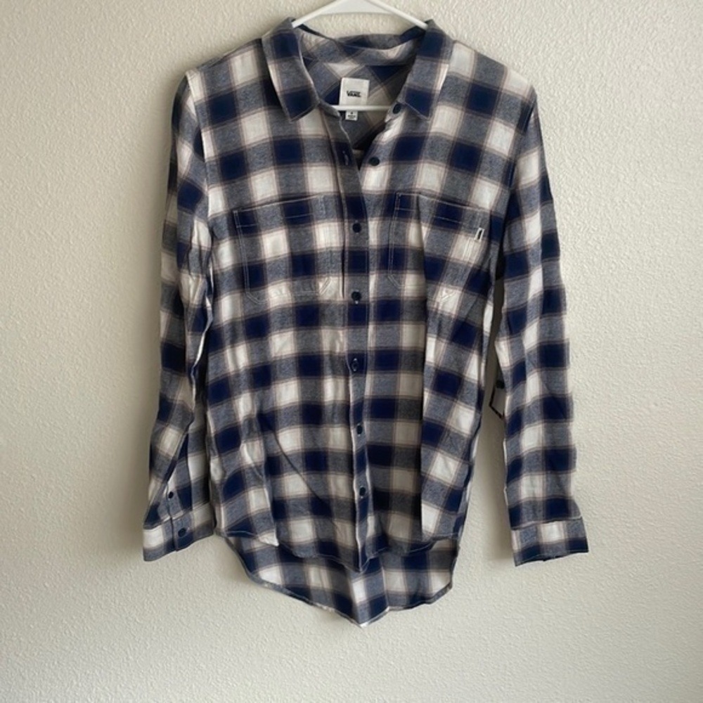 Vans NWT Women S Meridian Flannel Shirt Navy Cream‎ Plaid Button Down